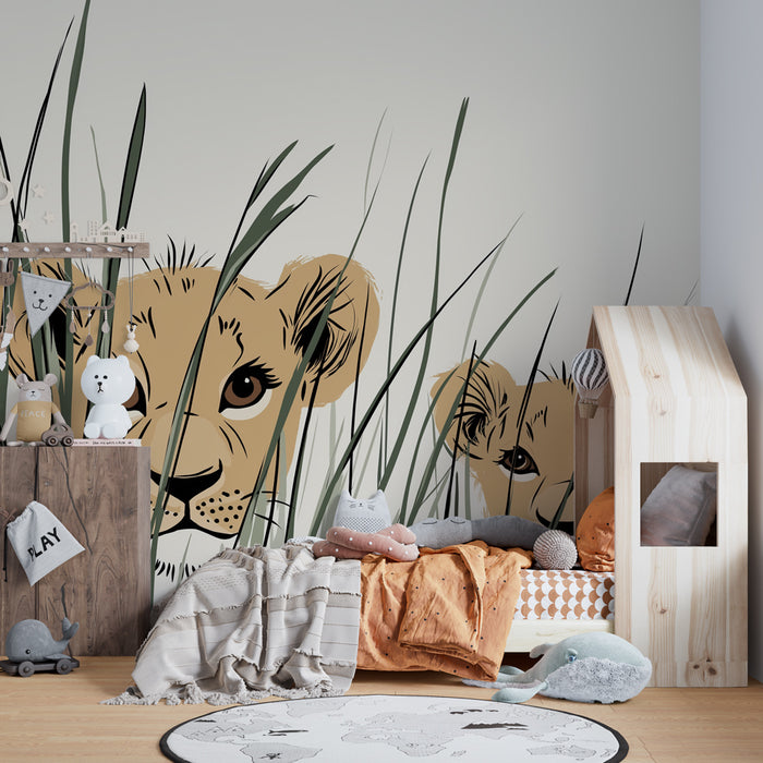 Papier peint chambre enfant | Petits lions dans l'herbe