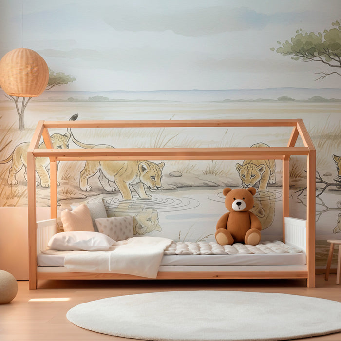 Papier peint chambre enfant | Petits lions dans la savane