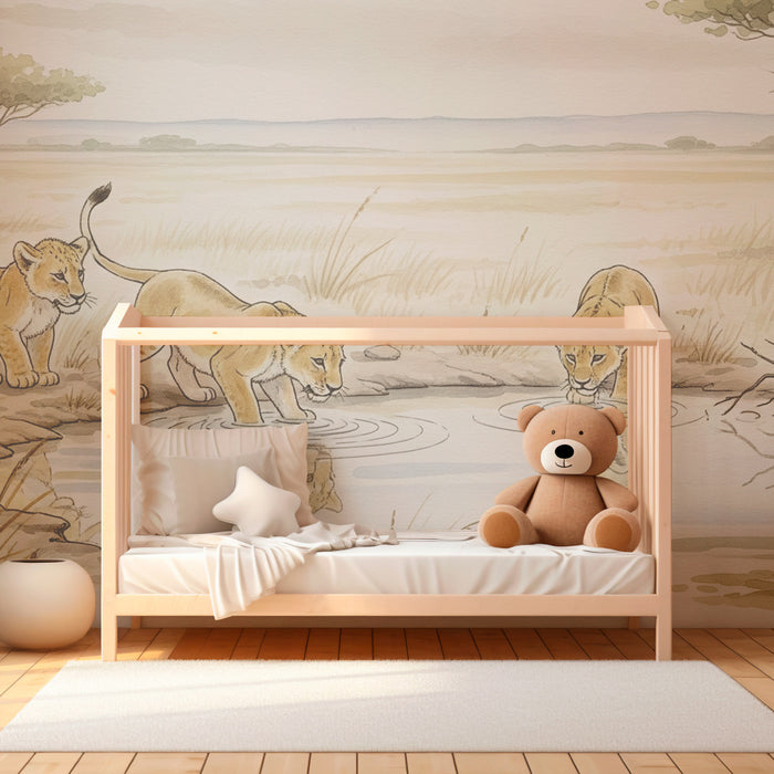 Papier peint chambre enfant | Petits lions dans la savane