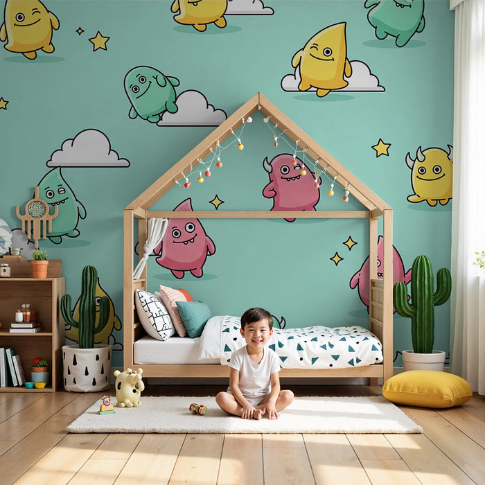 Children's bedroom wallpaper | Colorful little characters in a starry sky