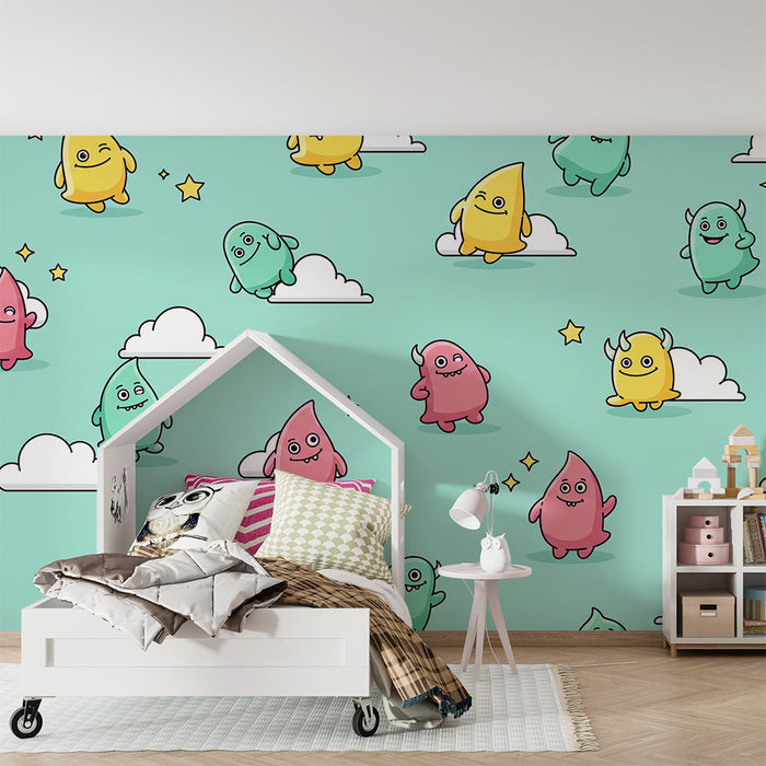 Children's bedroom wallpaper | Colorful little characters in a starry sky