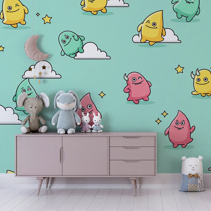 Children's bedroom wallpaper | Colorful little characters in a starry sky