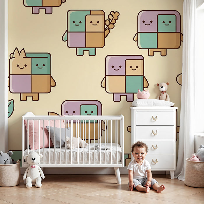 Behang kinderkamer | Vrolijke gekleurde blokfiguurtjes