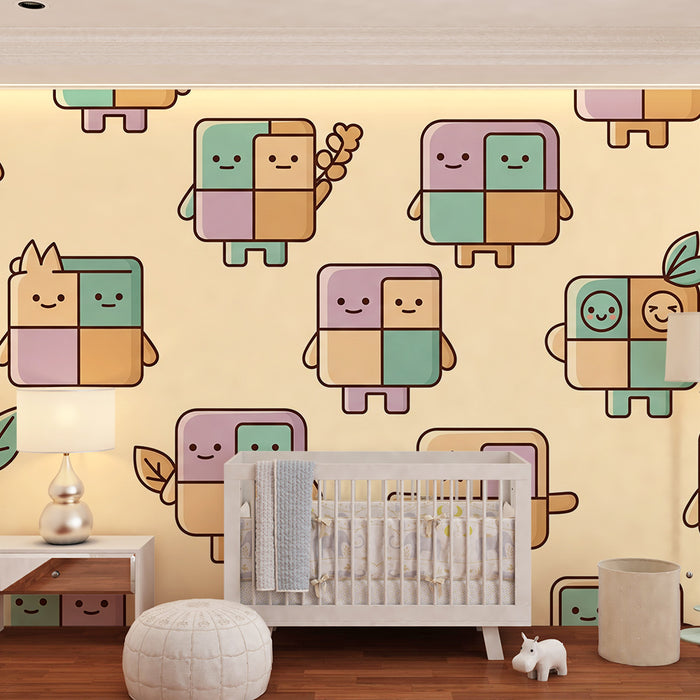 Behang kinderkamer | Vrolijke gekleurde blokfiguurtjes
