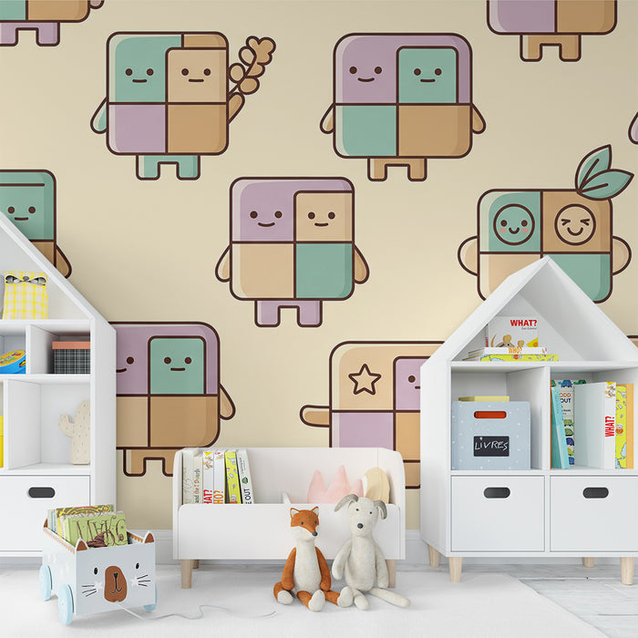 Behang kinderkamer | Vrolijke gekleurde blokfiguurtjes
