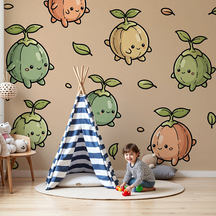 Papel pintado infantil | Pequeños personajes frutales y hojas en tonos suaves