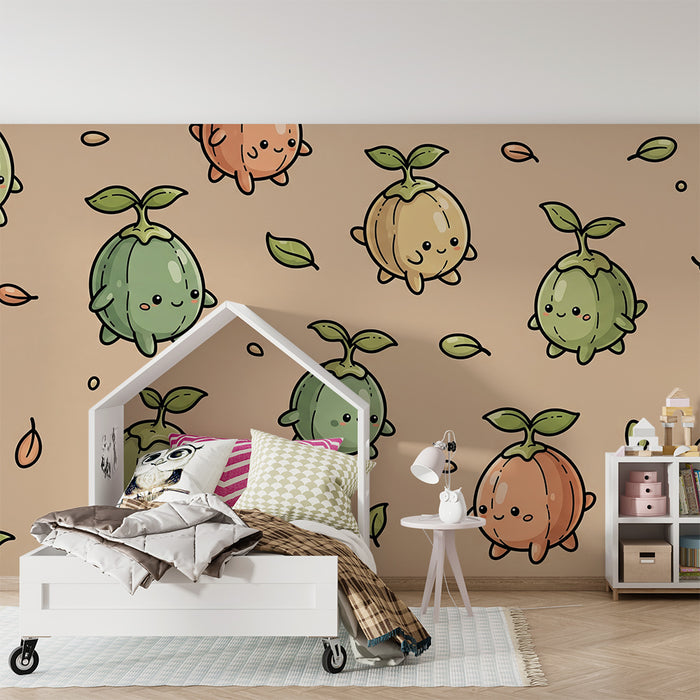 Papel pintado infantil | Pequeños personajes frutales y hojas en tonos suaves