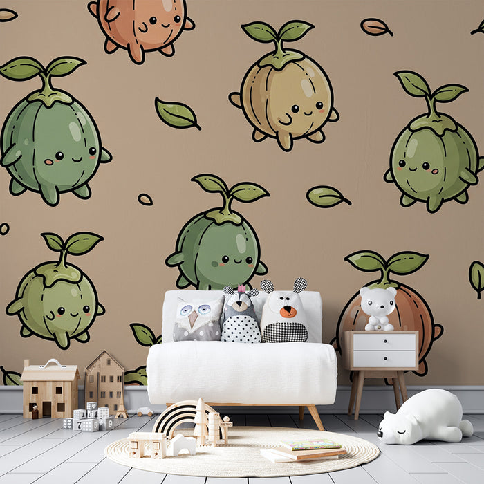 Papel pintado infantil | Pequeños personajes frutales y hojas en tonos suaves