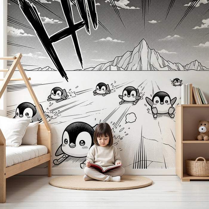 Papier peint chambre enfant | Petits pingouins glissants sur la glace
