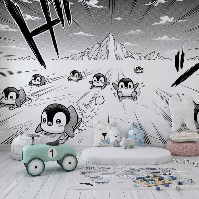 Papier peint chambre enfant | Petits pingouins glissants sur la glace
