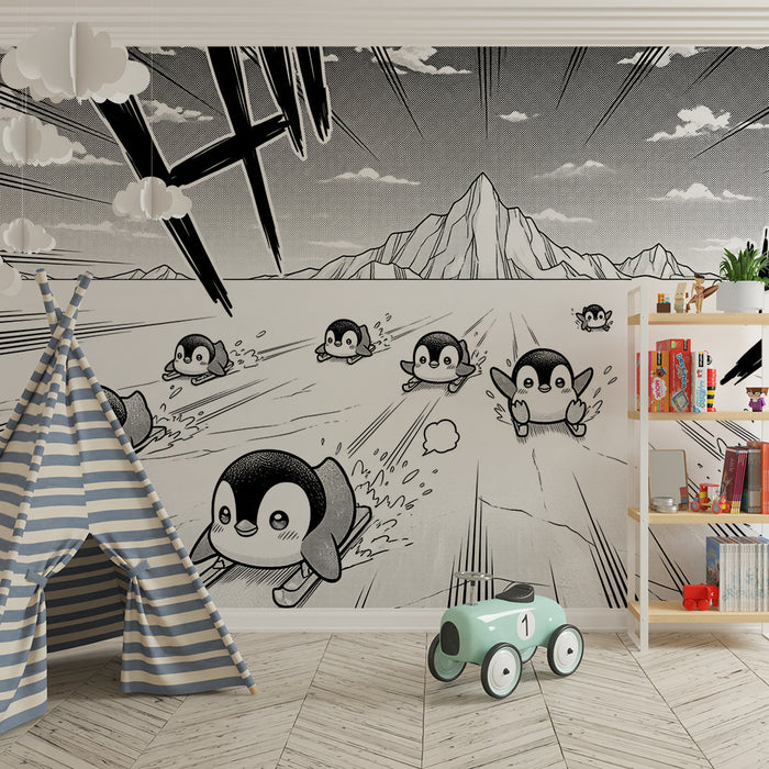 Papier peint chambre enfant | Petits pingouins glissants sur la glace