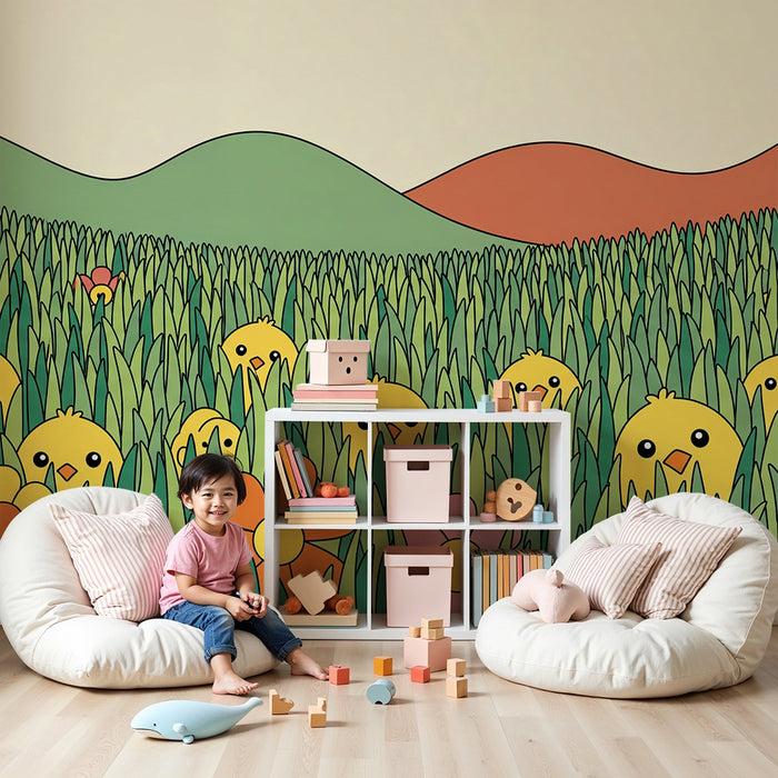 Kinderzimmer Tapete | Fröhliche Küken auf einer Blumenwiese