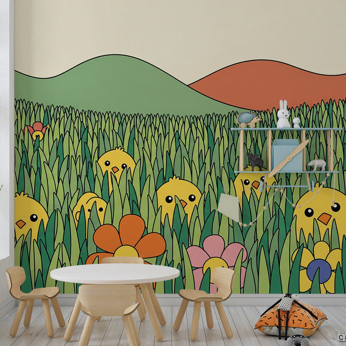 Kinderzimmer Tapete | Fröhliche Küken auf einer Blumenwiese