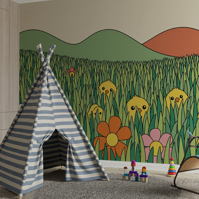 Kinderzimmer Tapete | Fröhliche Küken auf einer Blumenwiese