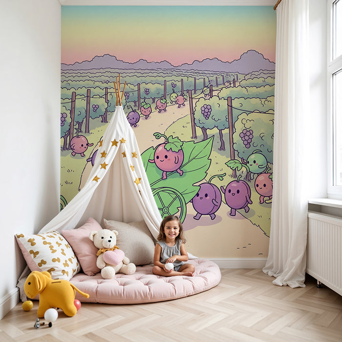 Papel de parede para quarto de criança | Uvas felizes num vinhedo colorido