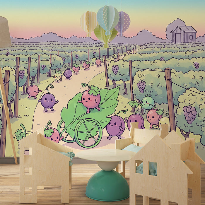 Papel de parede para quarto de criança | Uvas felizes num vinhedo colorido
