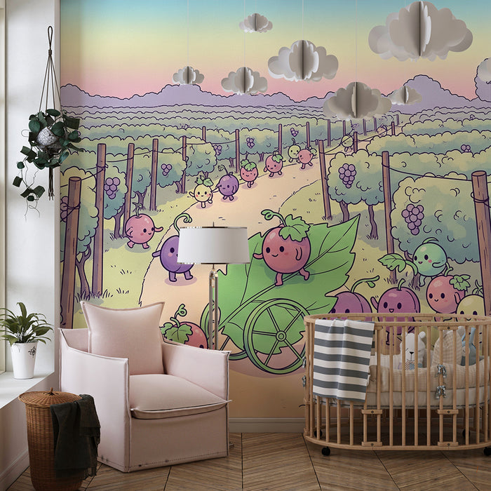 Papel de parede para quarto de criança | Uvas felizes num vinhedo colorido