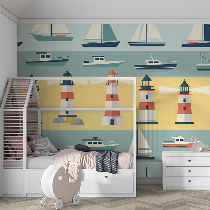 Papel de parede criança | Farol colorido e barcos em fundo marinho