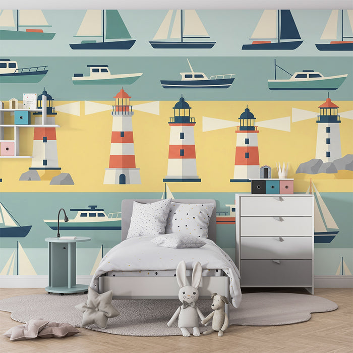 Papel de parede criança | Farol colorido e barcos em fundo marinho