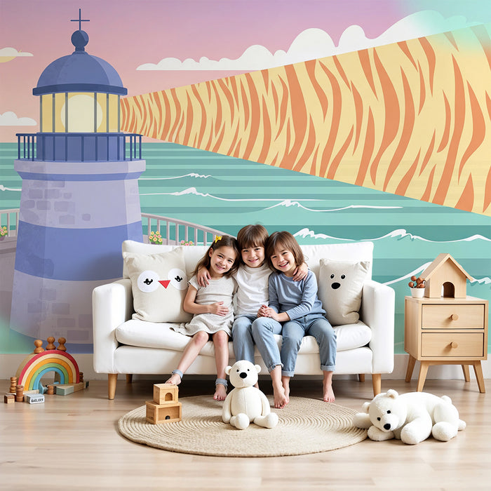 Kids room wallpaper | Colorful lighthouse and stylized ocean with bold patterns