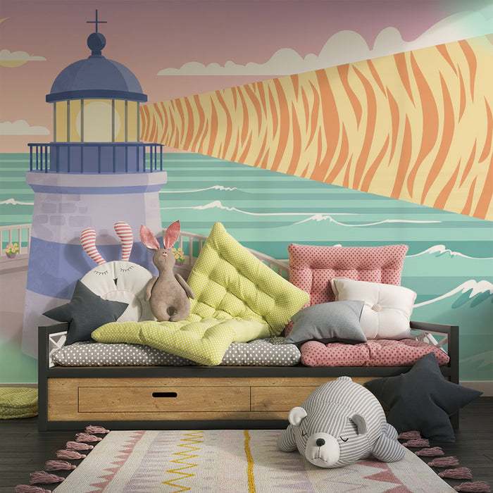Kids room wallpaper | Colorful lighthouse and stylized ocean with bold patterns
