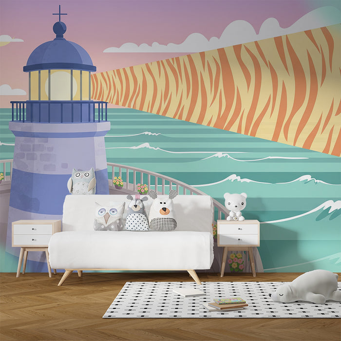 Kids room wallpaper | Colorful lighthouse and stylized ocean with bold patterns