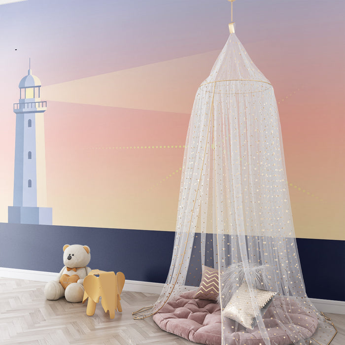 Carta da parati bambini | Faro e barca al tramonto