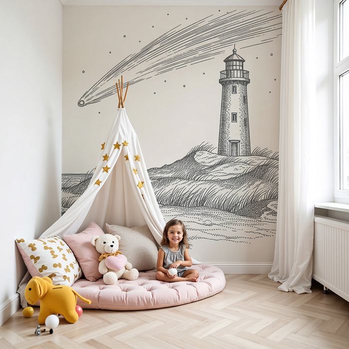 Behang kinderkamer | Vuurtoren en komeet op zeebodem