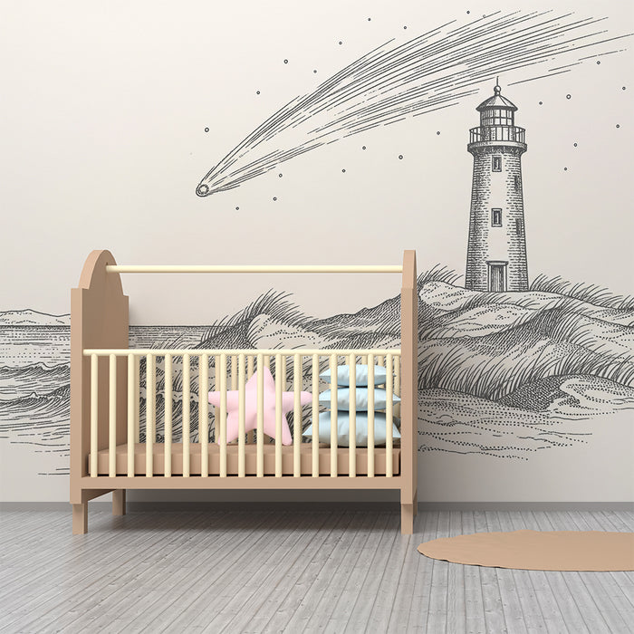 Behang kinderkamer | Vuurtoren en komeet op zeebodem