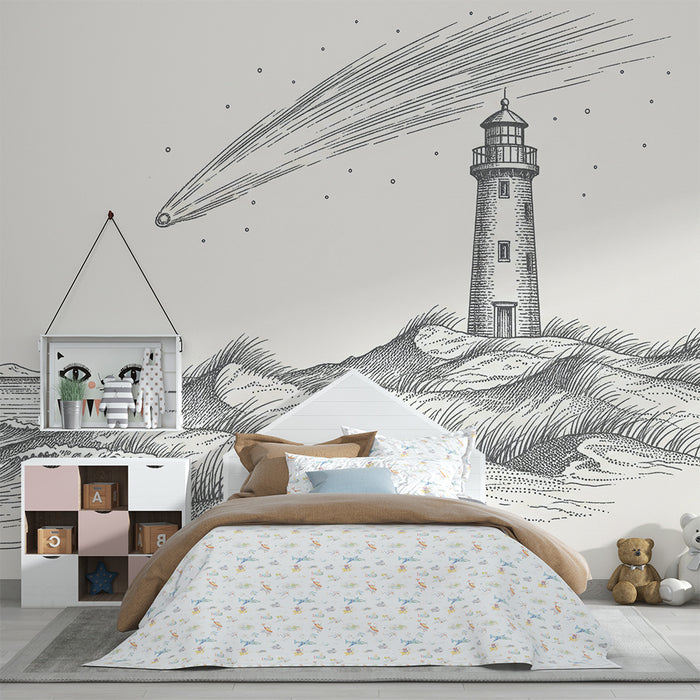 Behang kinderkamer | Vuurtoren en komeet op zeebodem
