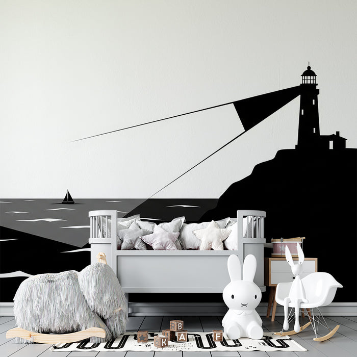 Carta da parati bambini | Faro e mare in silhouette monocromatica