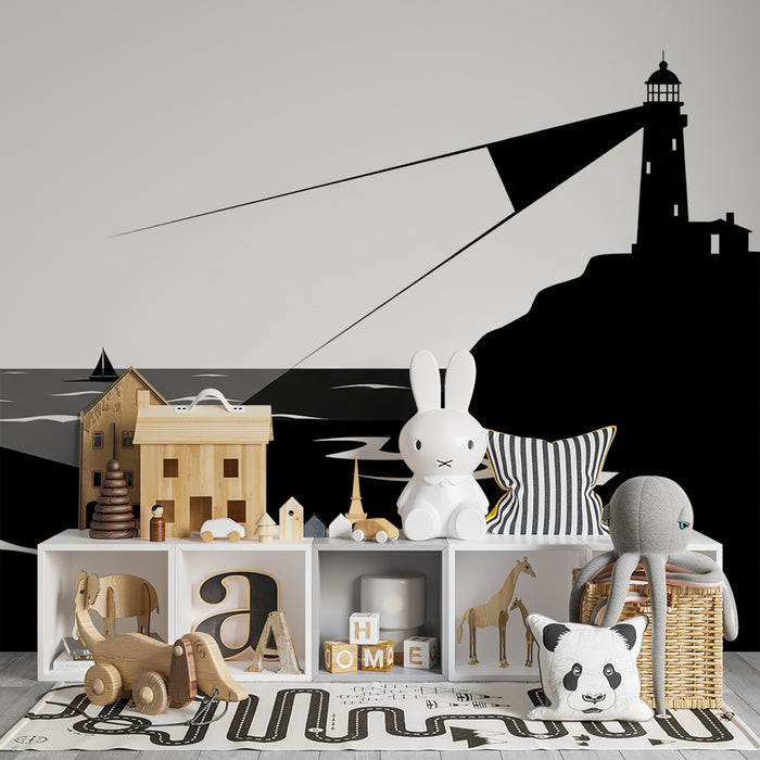 Carta da parati bambini | Faro e mare in silhouette monocromatica