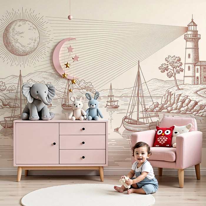 Children's bedroom wallpaper | Lighthouse and sailboats on a calm sea