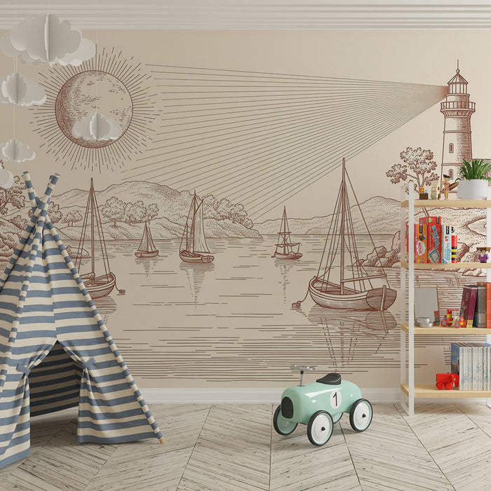Children's bedroom wallpaper | Lighthouse and sailboats on a calm sea