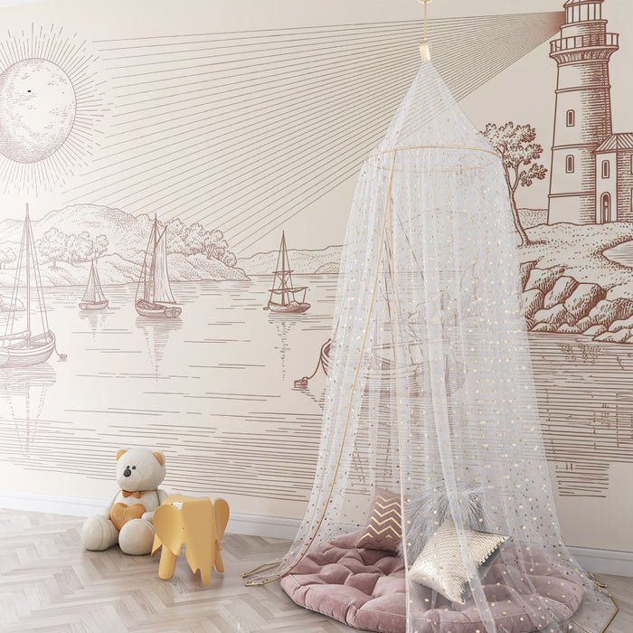 Children's bedroom wallpaper | Lighthouse and sailboats on a calm sea