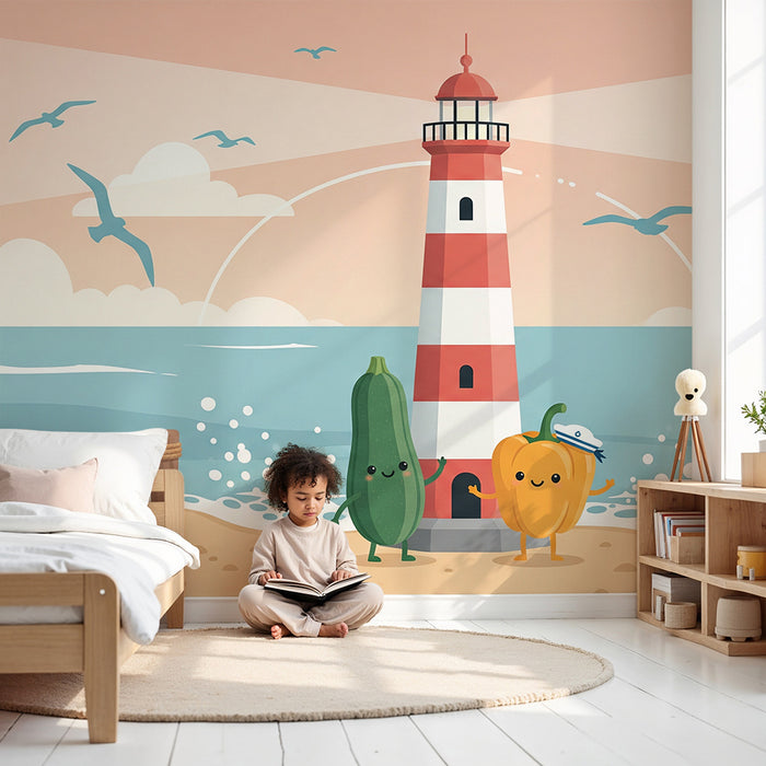 Papel de parede para quarto de criança | Farol alegre com legumes divertidos na praia