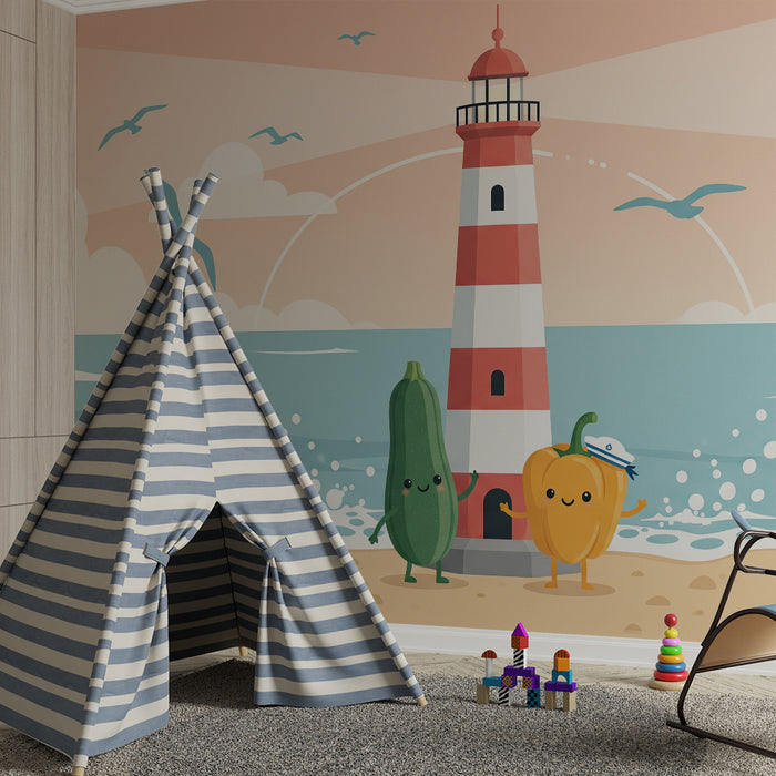 Papel de parede para quarto de criança | Farol alegre com legumes divertidos na praia