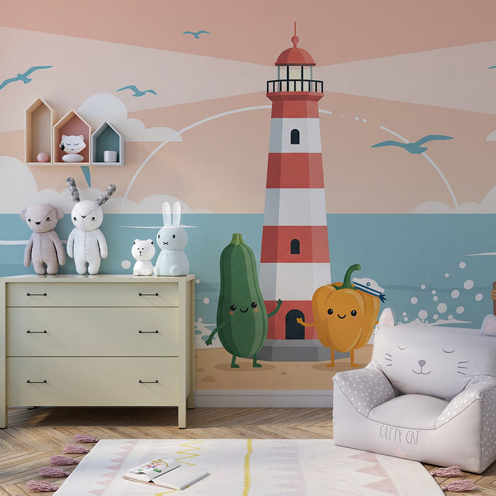 Papel de parede para quarto de criança | Farol alegre com legumes divertidos na praia
