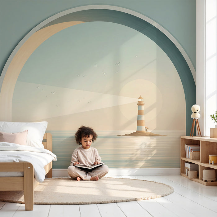 Papel de parede para quarto infantil | Farol iluminado sobre fundo marinho calmante