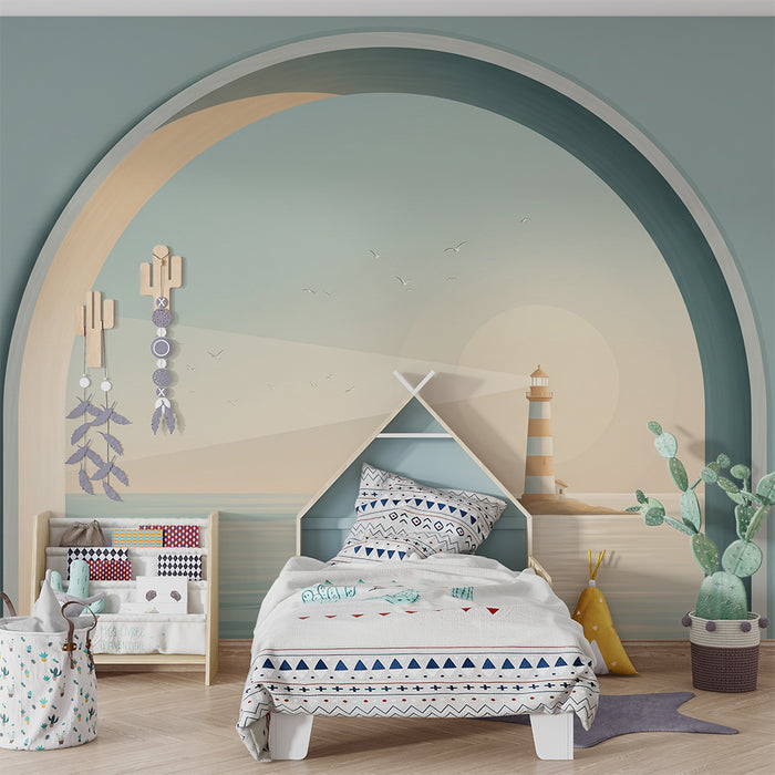 Papel de parede para quarto infantil | Farol iluminado sobre fundo marinho calmante