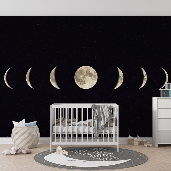 Kids' Room Wallpaper | Moon Phases on a Starry Background