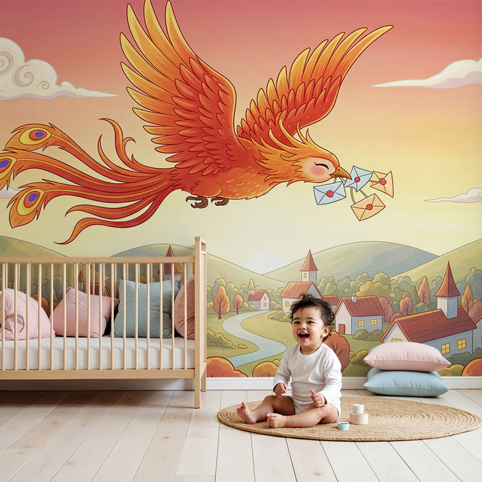 Kinderkamer behang | Phoenix in vlucht met kleurrijke letters in een betoverend landschap