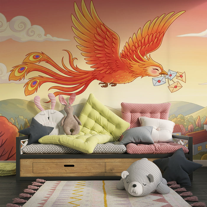 Kinderkamer behang | Phoenix in vlucht met kleurrijke letters in een betoverend landschap