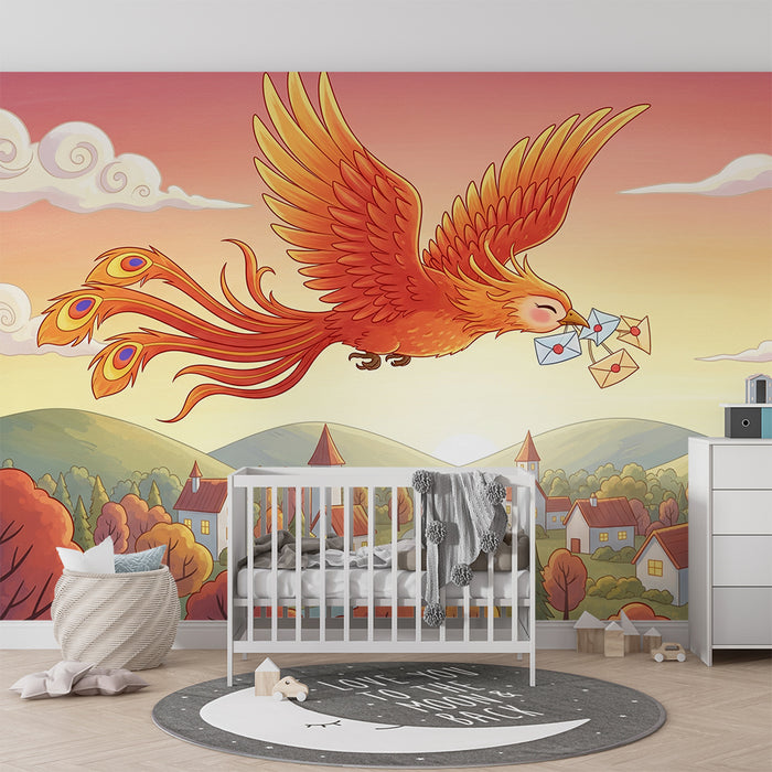Kinderkamer behang | Phoenix in vlucht met kleurrijke letters in een betoverend landschap