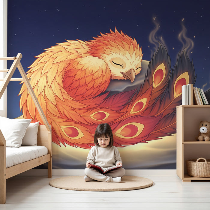 Kids room wallpaper | Sleeping phoenix under a starry sky