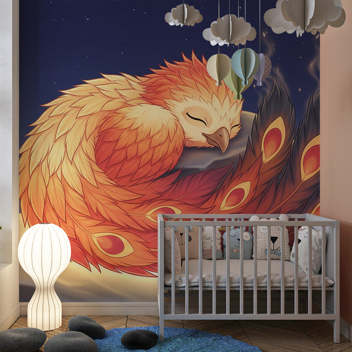 Kids room wallpaper | Sleeping phoenix under a starry sky