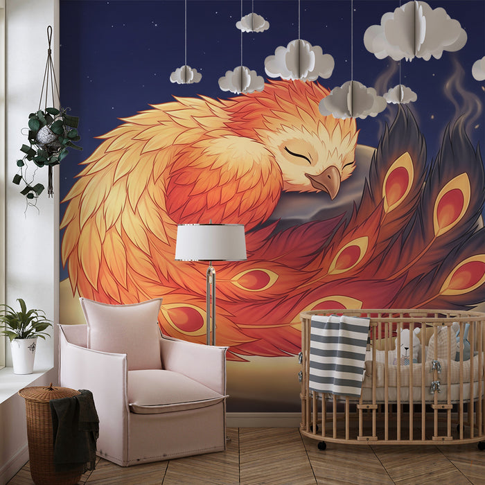 Kids room wallpaper | Sleeping phoenix under a starry sky