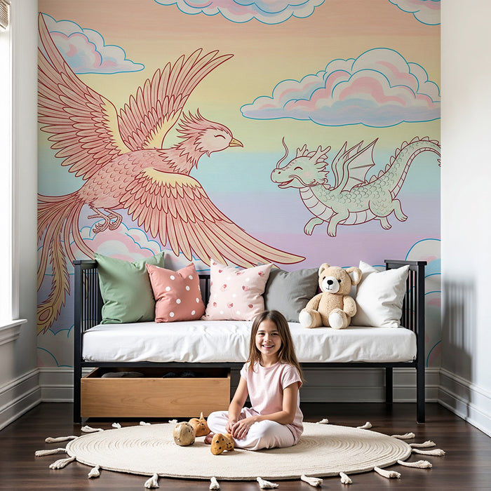 Papel de parede criança | Fénix e dragão num céu pastel