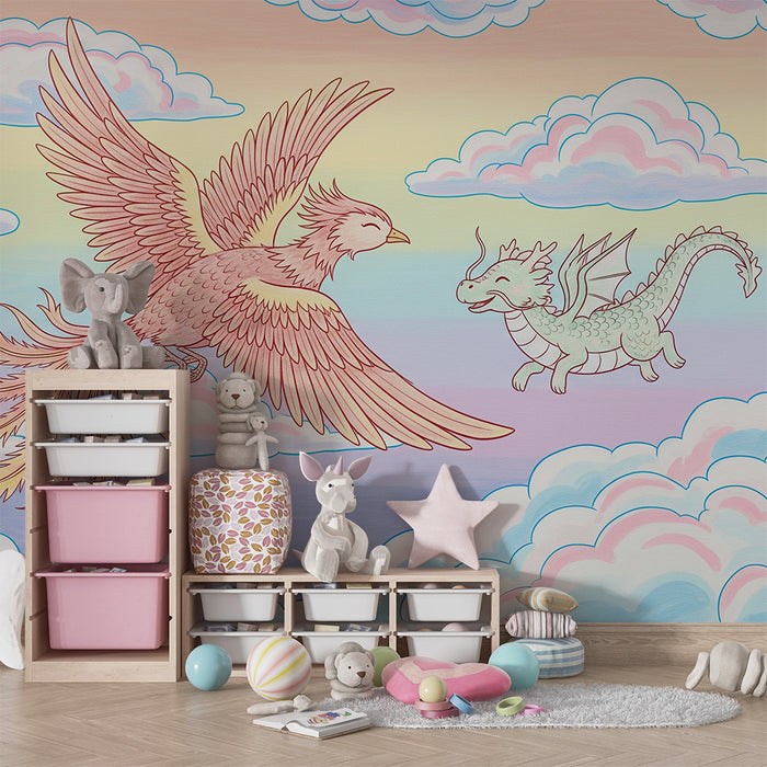Papel de parede criança | Fénix e dragão num céu pastel