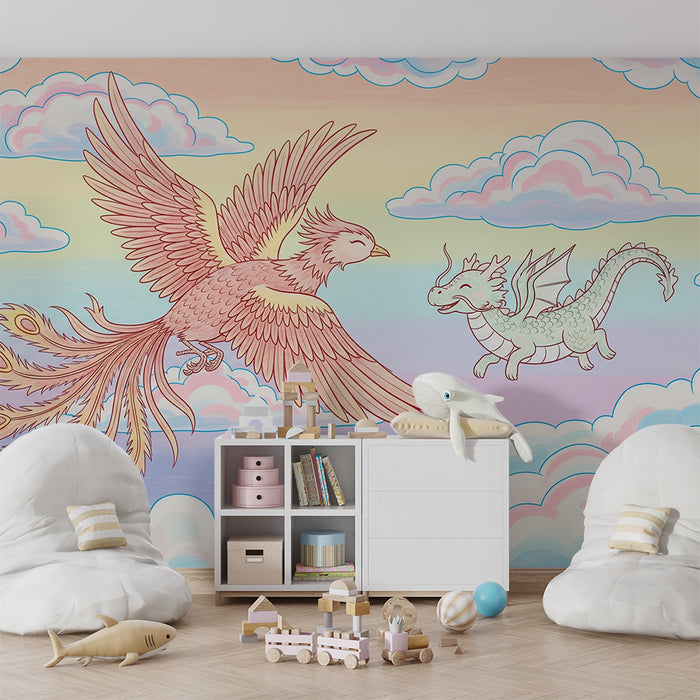 Papel de parede criança | Fénix e dragão num céu pastel
